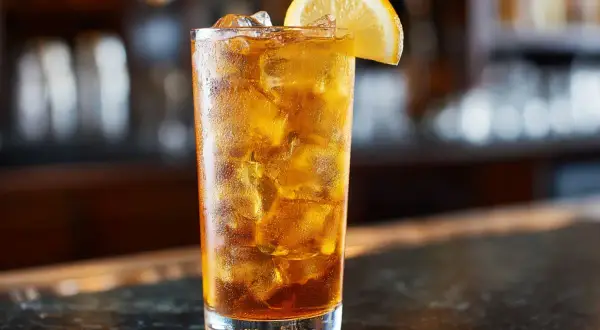 Ett glas Long Island Iced Tea med is och en citronskiva, redo att avnjutas vid en bar.