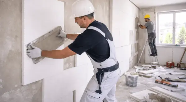 Operaio applica intonaco su pannelli isolanti per cappotto interno.
