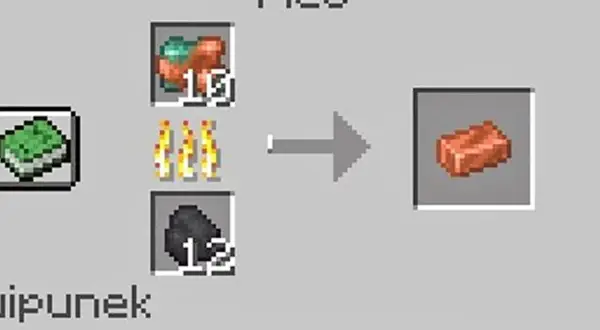 Crafting w piecu hutniczym: miedź i węgiel zamieniane na miedziane sztabki.