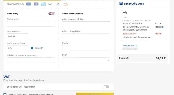 Formularz płatności Ryanair. Sprawdź, kiedy są najtańsze bilety lotnicze Ryanair, wpisując dane karty i adres.