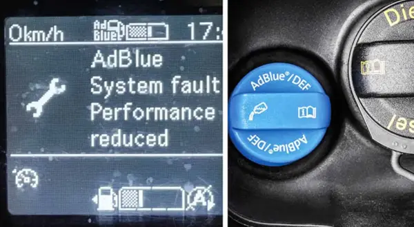 Varning för AdBlue-systemfel och minskad prestanda. Blå kork med AdBlue-symbol indikerar att det är dags att koppla ur AdBlue.