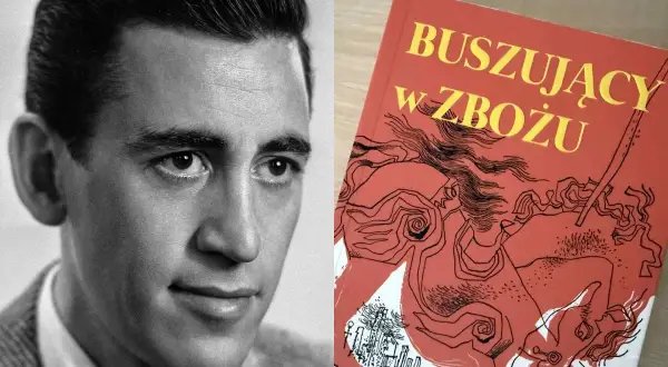 Portret mężczyzny obok okładki książki "Buszujący w zbożu" z dynamiczną ilustracją.