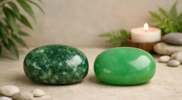 Dos piedras de jade verde, una con motas y otra lisa, junto a una vela encendida y hojas. Descubre las jade blanco propiedades.