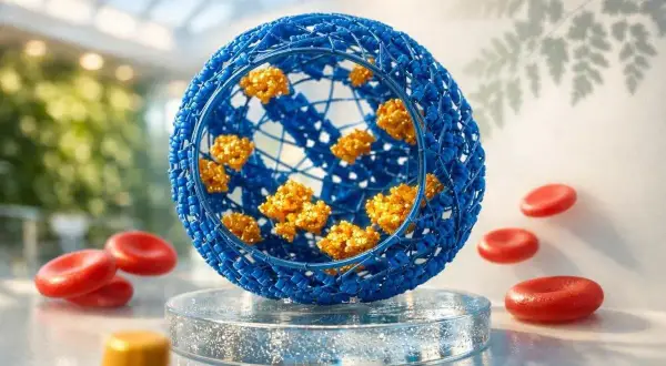 Een blauwe bol met oranje deeltjes, omringd door rode bloedcellen. Laag ferritine kan gevaarlijk zijn voor de gezondheid.