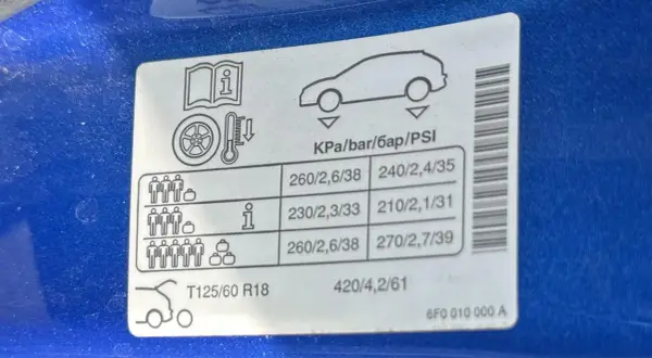 Étiquette de pression pneu polo indiquant les valeurs recommandées pour différentes charges.