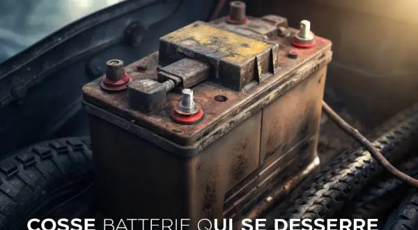 Batterie de voiture rouillée, avec une cosse de batterie qui se desserre, un symptôme courant de problèmes de démarrage.