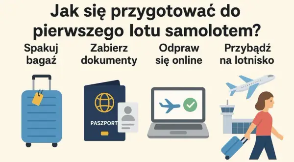 Przygotowanie do pierwszego lotu samolotem: spakuj bagaż, zabierz dokumenty, odpraw się online i przybądź na lotnisko.