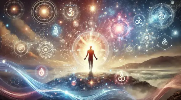 Mensch im Licht, umgeben von kosmischen Symbolen, die spirituelle Gaben erkennen lassen. Intuition und universelle Energien fließen.