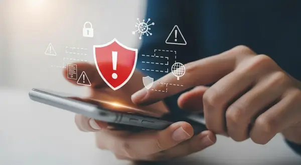 Ochrona telefonu przed wirusami. Ikony symbolizują bezpieczeństwo, zagrożenia i ochronę danych.