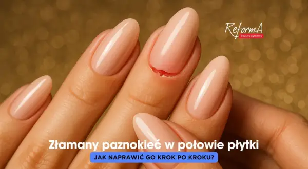 Złamany paznokieć w połowie płytki, który wymaga natychmiastowej naprawy.