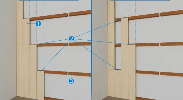 Comparaison de la pose de lambris : avec effet escalier des coupes sur les tasseaux ou sans.