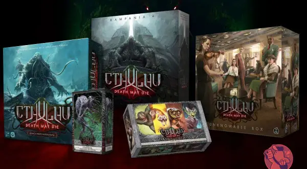 Zestaw pudełek gry planszowej Cthulhu: Death May Die z potworami i postaciami.