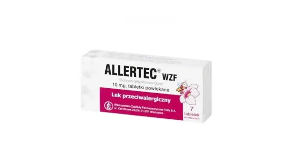 Opakowanie leku Allertec WZF z cetyryzyną, 10 mg, 7 tabletek powlekanych. Lek przeciwalergiczny.
