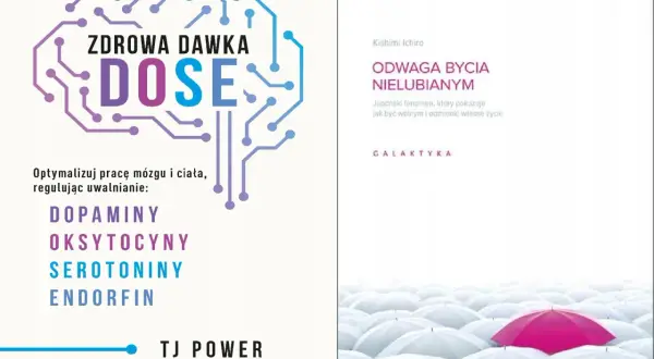 Książka "Odważ się być nielubianym" uczy sztuki bycia nielubianym, optymalizując pracę mózgu i ciała. Różowy parasol wśród białych symbolizuje odwagę.