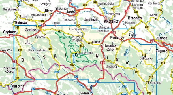 Mapa **Beskid Niski szlaki** z zaznaczonymi miastami jak Gorlice, Krosno, Sanok, Dukla i szlakami turystycznymi.