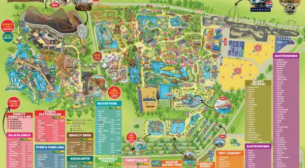 Mapa Energylandii, gdzie jest park rozrywki z atrakcjami, strefami tematycznymi, wodnym światem i gastronomią.