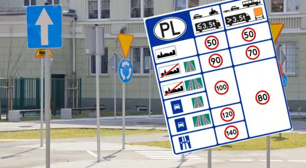Na placu manewrowym widać wiele znaków drogowych: nakaz jazdy prosto, znak ostrzegawczy, znak ronda, a także tablicę z ograniczeniami prędkości.