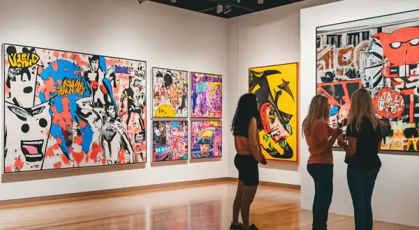 Three women admire a collection of vibrant, famous pop art in a gallery.