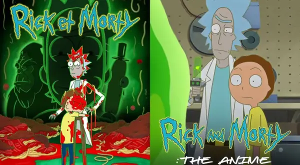 Rick und Morty Staffel 8: Rick und Morty im Anime-Stil, umgeben von Spaghetti und einer grünen, unheimlichen Atmosphäre.