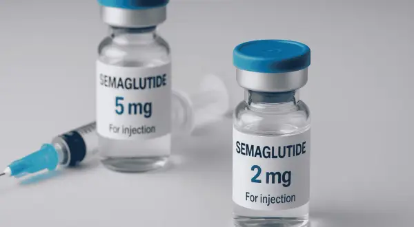 Dwie fiolki z lekiem semaglutyd (5 mg i 2 mg) oraz strzykawka.