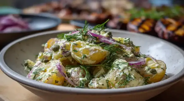 En härlig varm potatissallad med dill, kapris och rödlök, perfekt till grillat.