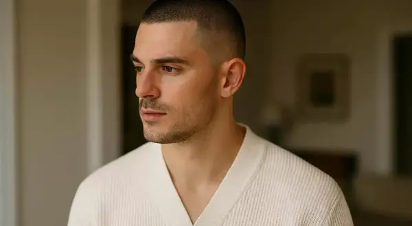 Un homme au regard pensif arbore un buzz cut court impeccable, vêtu d'un cardigan clair.