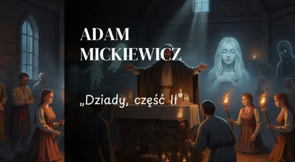 Scena z "Dziadów" Mickiewicza: obrzęd przyzywania duchów, z postacią Guślarza i widmami.
