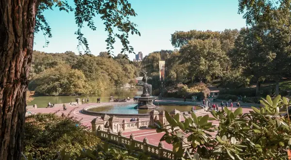 Central Park w Nowym Jorku: fontanna Bethesda z ludźmi spacerującymi wokół, w tle jezioro i drzewa.