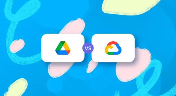 Google Cloud vs Google Drive: logos of Google Drive and Google Cloud are displayed side-by-side on a blue background with colorful abstract shapes.