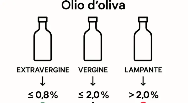 Olio d'oliva: acidità massima per Extravergine (≤0,8%), Vergine (≤2,0%) e Lampante (>2,0%).