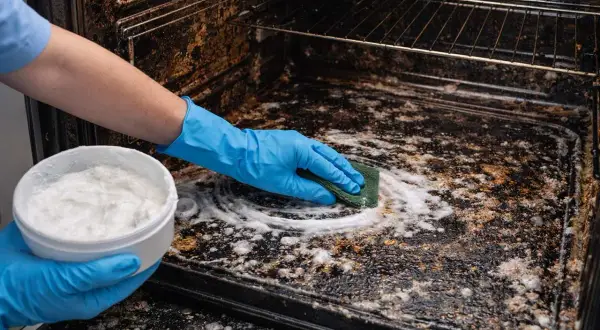 Mano con guanto blu pulisce un forno incrostato con una spugna e una pasta bianca.