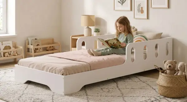 Bambina legge un libro nella sua cameretta neonato moderna, con peluche e quadri alle pareti.