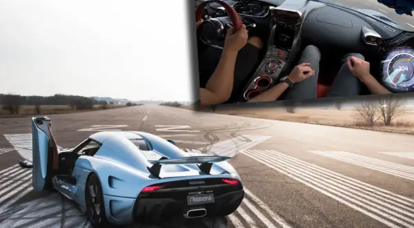 Błękitny Koenigsegg Regera z otwartymi drzwiami na pasie startowym. W środku widać kierowcę i prędkościomierz pokazujący 304 km/h.