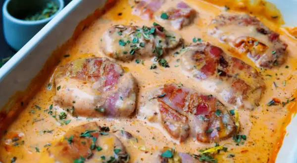 Saftiges schweinefilet im speckmantel, in cremiger Sauce mit Kräutern verfeinert. Ein Genuss für jeden Gaumen.