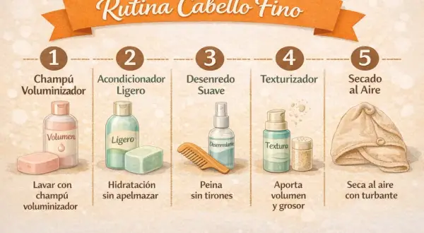 Rutina para cabello fino: champú voluminizador, acondicionador ligero, desenredante, texturizador y secado al aire con turbante.