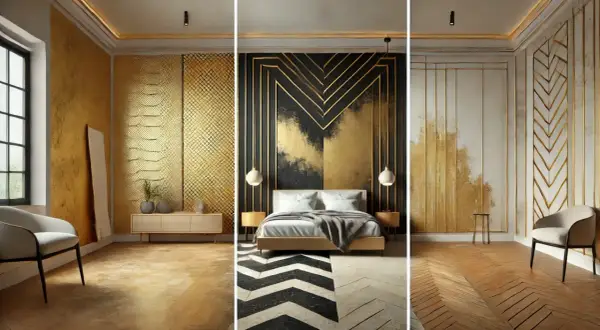 Interni di lusso con dettagli in **colore dorato**. Pareti texturizzate, motivi geometrici e un letto moderno creano un'atmosfera opulenta.