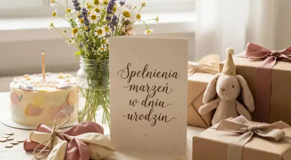 Uroczy króliczek z czapeczką, tort i bukiet kwiatów. Idealne na śmieszne życzenia urodzinowe dla chrześnicy.