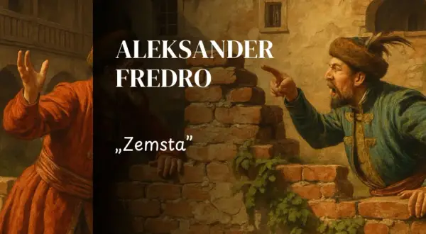 Dwóch mężczyzn w strojach z epoki kłóci się na tle ceglanego muru. Jeden wskazuje palcem, drugi gestykuluje. Tytuł "Zemsta" Aleksandra Fredry.