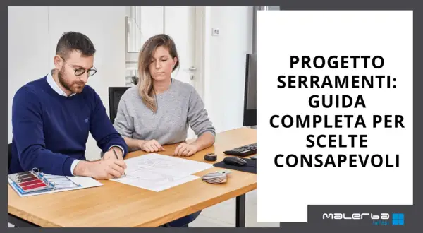 Guida completa per scegliere infissi: uomo e donna analizzano progetti e campioni colore per decisioni consapevoli.