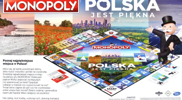 Monopoly Polska: plansza gry z widokami Polski, Mr. Monopoly i polskimi miejscami.