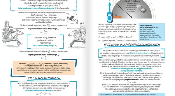 Ilustracja przedstawia zasady fizyki, w tym siłę tarcia i siłę dośrodkową, wyjaśniając działanie **infrastruktury** w ruchu.