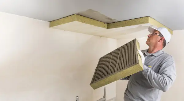 Mann montiert Dämmplatten zur Deckenisolierung innen.