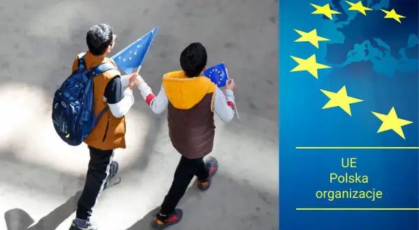 Dzieci z flagami UE idą na wybory. UE Polska organizacje.