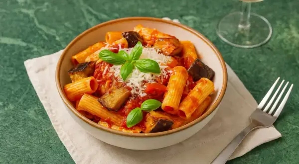 Eine Schüssel Pasta alla Norma mit Auberginen, Tomatensauce und Basilikum, garniert mit geriebenem Käse.