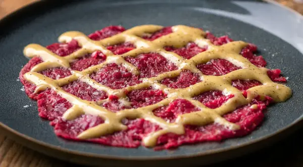 Rotes Carpaccio auf dunklem Teller mit gelber Sauce und Pfeffer bestreut.
