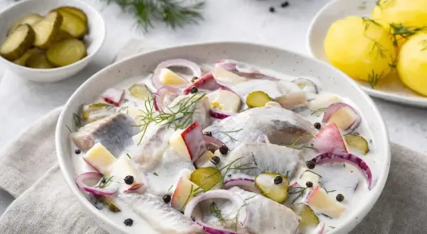 Marinierter Hering mit Äpfeln, Zwiebeln und Dill in cremiger Sauce, garniert mit Pfefferkörnern. Dazu Pellkartoffeln und Gewürzgurken.