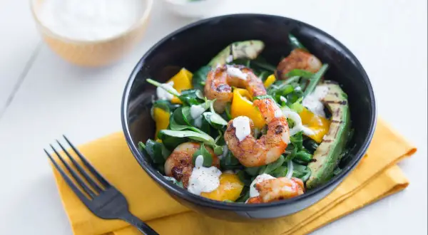Garnelensalat mit Avocado und Mango, beträufelt mit einer cremigen Sauce.