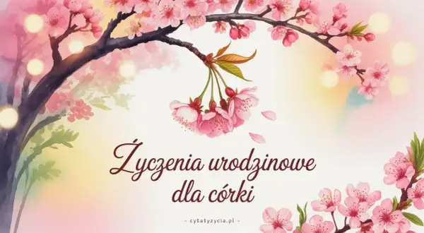 Kwiaty wiśni i delikatne światła tworzą tło dla wzruszających życzeń urodzinowych dla córki.