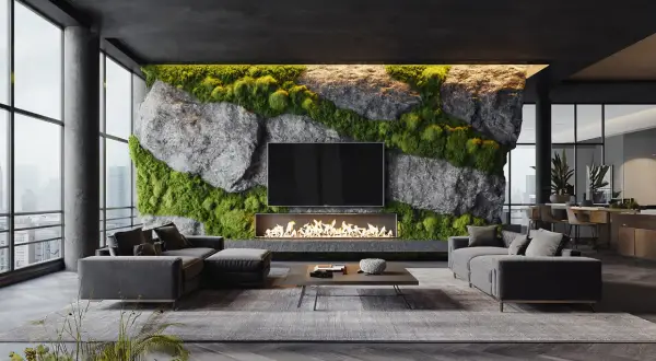 Moderne Wandgestaltung mit Stein und Moos, Kamin und Fernseher. Ein luxuriöses Wohnzimmer mit Blick auf die Stadt.