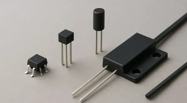 Różne rodzaje czujników magnetycznych: miniaturowe obudowy z wyprowadzeniami, cylindryczny element oraz większy moduł z dwoma bolcami, przypominające działaniem kontaktron.